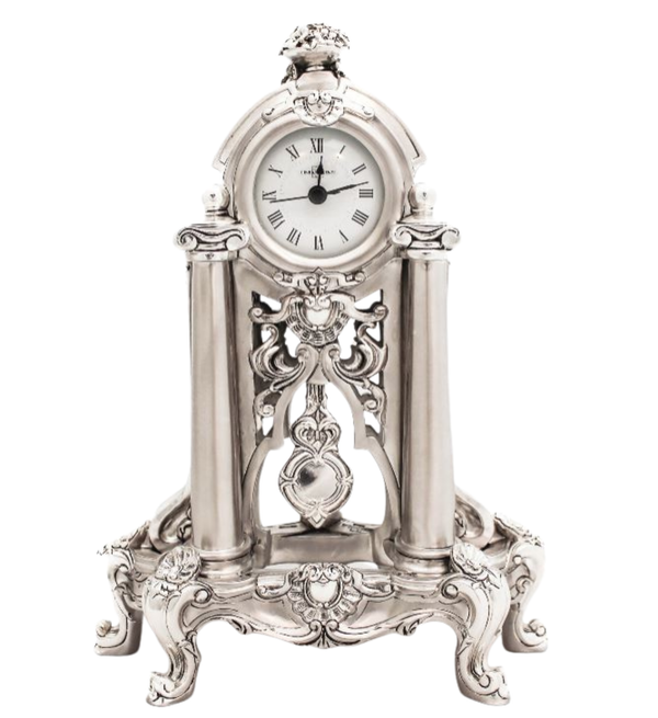 ITALIAN SILVER PLATED HANDMADE FLORAL CHASED ORNATE TABLE CLOCK WITH PENDULUM