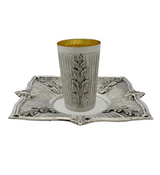 925 STERLING SILVER HANDMADE ELEGANT LEAF APPLIQUE STRIATED SQUARE CUP & TRAY