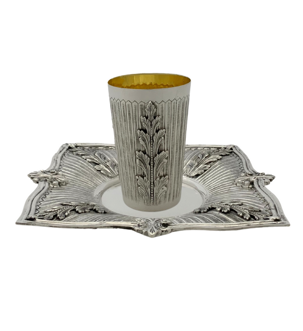 925 STERLING SILVER HANDMADE ELEGANT LEAF APPLIQUE STRIATED SQUARE CUP & TRAY