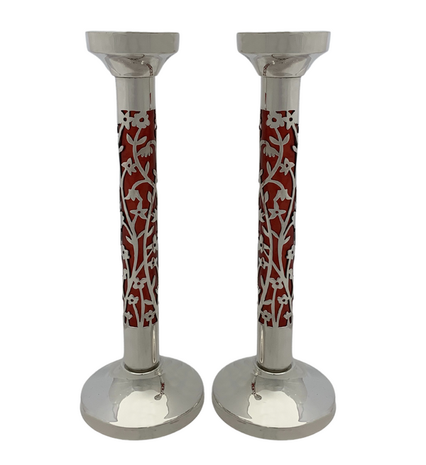 FINE BIER 925 STERLING SILVER & RED COLOR HANDMADE CUT OUT FLORAL CANDLESTICKS