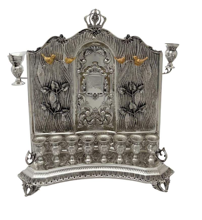 FINE 925 STERLING SILVER & GILDED HANDMADE MULTI BIRD LEAF TREE BACKWALL MENORAH