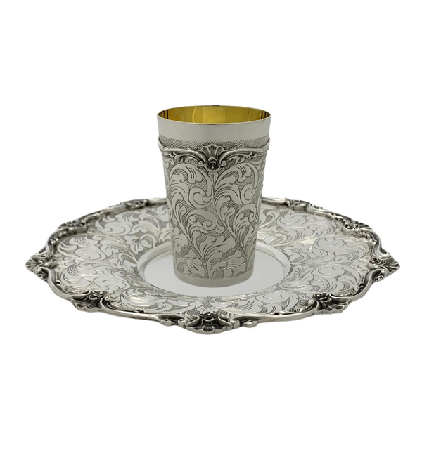 FINE 925 STERLING SILVER HANDMADE CHASED SWIRL ORNATE STRIATED SLEEK CUP & TRAY