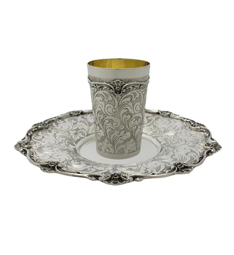 FINE 925 STERLING SILVER HANDMADE CHASED SWIRL ORNATE STRIATED SLEEK CUP & TRAY