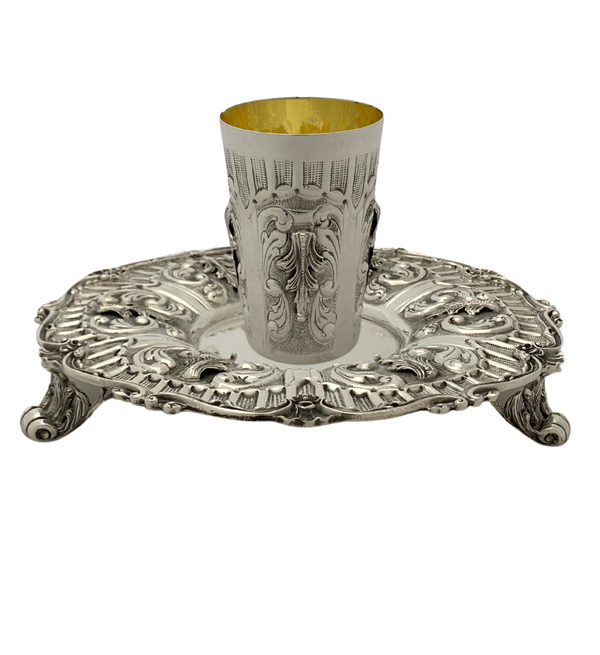 FINE 925 STERLING SILVER HANDMADE LEAF APPLIQUE ORNATE MATTE & SHINY CUP & TRAY