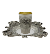 925 STERLING SILVER HANDMADE LEAF APPLIQUE ORNATE MATTE SHINY SQUARE CUP & TRAY