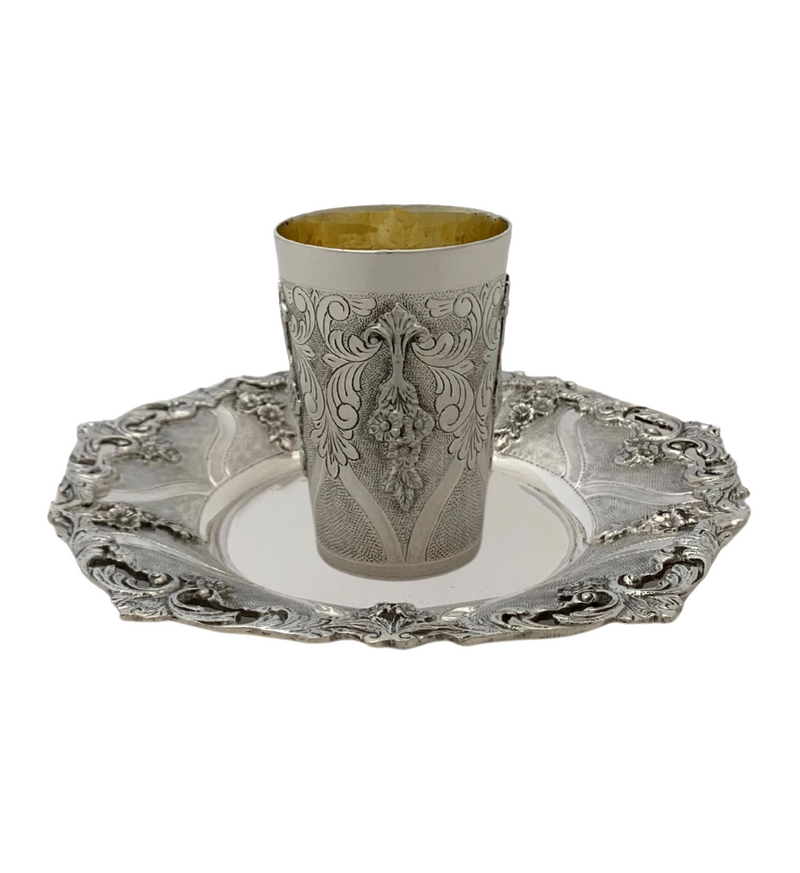 FINE 925 STERLING SILVER HANDMADE FLORAL ORNATE SWIRL MATTE & SHINY CUP & TRAY