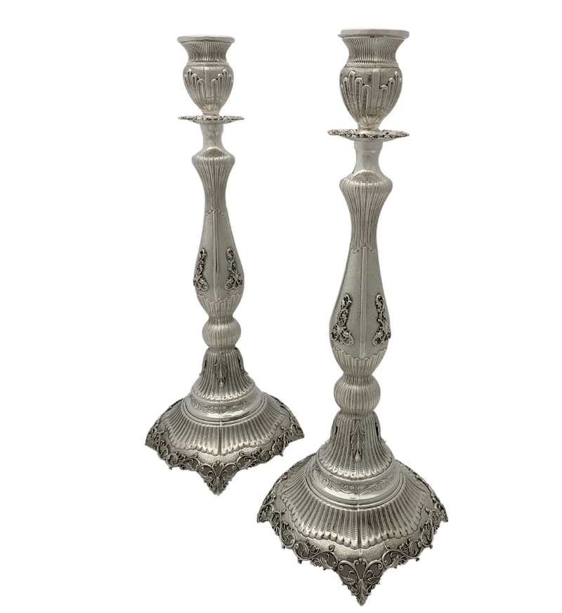 925 STERLING SILVER HANDMADE LEAF APPLIQUE ORNATE STRIATED SHINY CANDLESTICKS