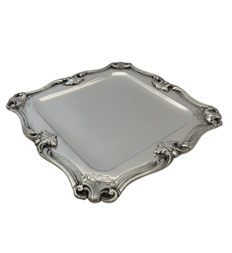 ITALIAN 925 STERLING SILVER HANDMADE LEAF APPLIQUE MATTE & SHINY SQUARE TRAY