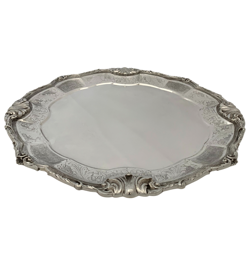 ITALIAN 925 STERLING SILVER HANDMADE CHASED LEAF APPLIQUE MATTE SHINY ROUND TRAY