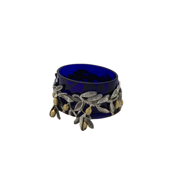 ITALY 925 STERLING SILVER & GILDED & BLUE GLASS HANDMADE OLIVE LEAF SALT HOLDER