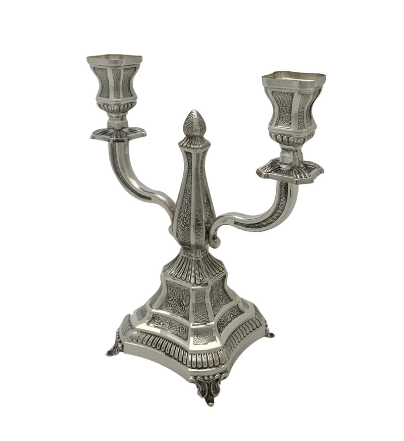 925 STERLING SILVER HANDMADE CHASED SWIRL ORNATE MATTE SHINY 2 LIGHT CANDELABRA
