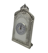 925 STERLING SILVER HANDMADE CHASED ORNATE LEAF MATTE & SHINY QUARTZ TABLE CLOCK