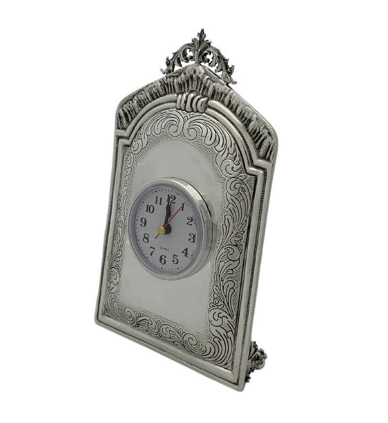 925 STERLING SILVER HANDMADE CHASED ORNATE LEAF MATTE & SHINY QUARTZ TABLE CLOCK