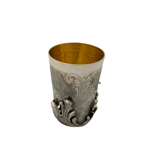 FINE ITALIAN 925 STERLING SILVER HANDMADE LEAF APPLIQUE CHASED SWIRL CUP & TRAY