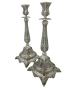 FINE 925 STERLING SILVER HANDMADE LEAF APPLIQUE CHASED MATTE SHINY CANDLESTICKS