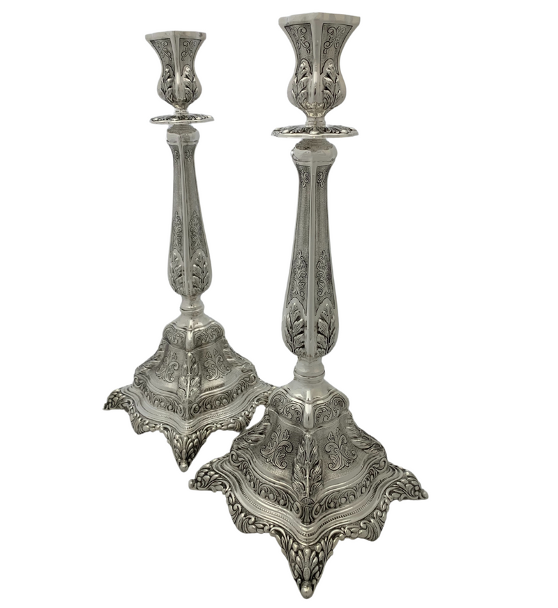 FINE 925 STERLING SILVER HANDMADE LEAF APPLIQUE CHASED MATTE SHINY CANDLESTICKS
