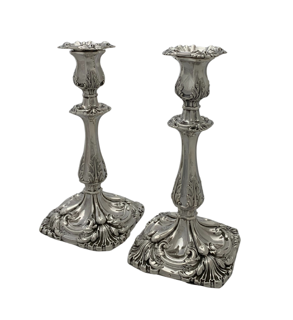 ANTIQUE 1836 WILLIAM IV SILVER HANDMADE LEAF ORNATE APPLIQUE CANDLESTICKS