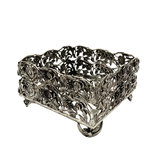 ITALIAN 925 STERLING SILVER HANDMADE FLORAL LEAF OPEN SQUARE FLAT NAPKIN HOLDER