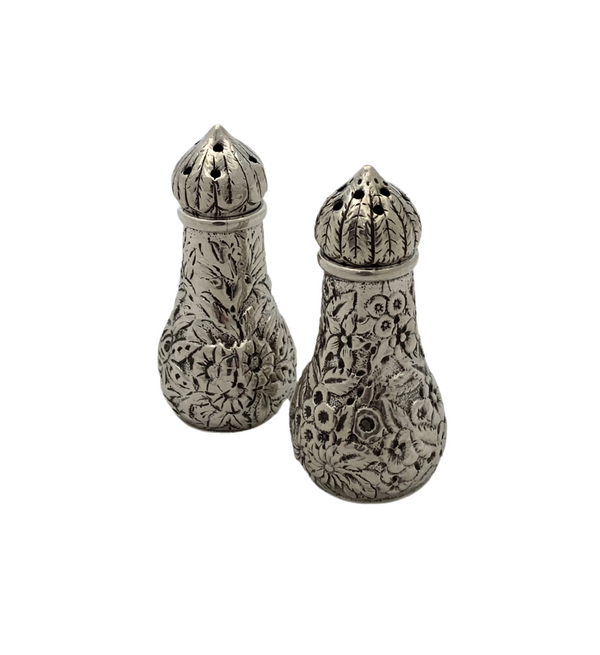 S. KIRK & SON 925 STERLING SILVER HANDMADE CHASED REPOUSSE SALT & PEPPER SHAKERS