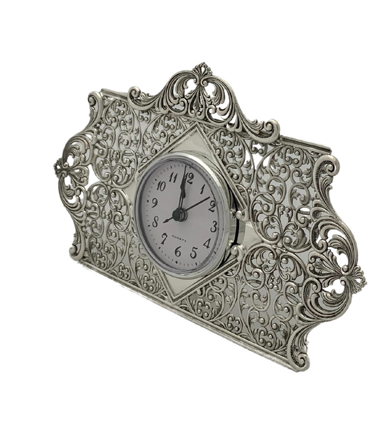 FINE 925 STERLING SILVER HANDMADE OPEN LACE SWIRL ORNATE LEAF QUARTZ TABLE CLOCK