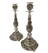 925 STERLING SILVER & GILDED HANDMADE MULTI BIRD LEAF TREE APPLIQUE CANDLESTICKS