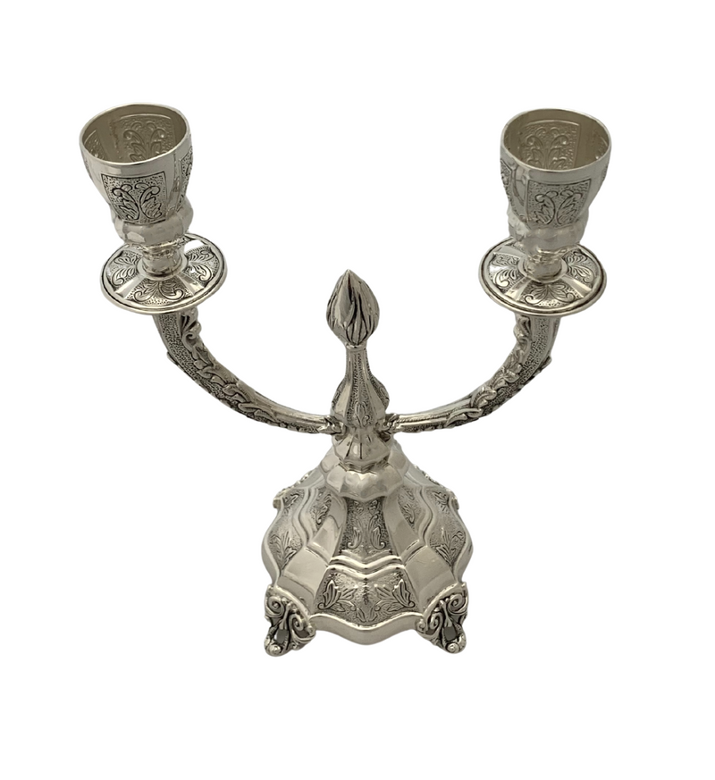 925 STERLING SILVER HANDMADE CHASED SWIRL ORNATE MATTE SHINY 2 LIGHT CANDELABRA