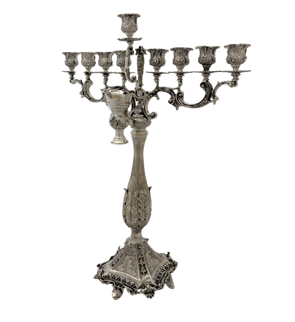 FINE 925 STERLING SILVER HANDMADE CHASED LEAF APPLIQUE ORNATE CHANUKAH MENORAH