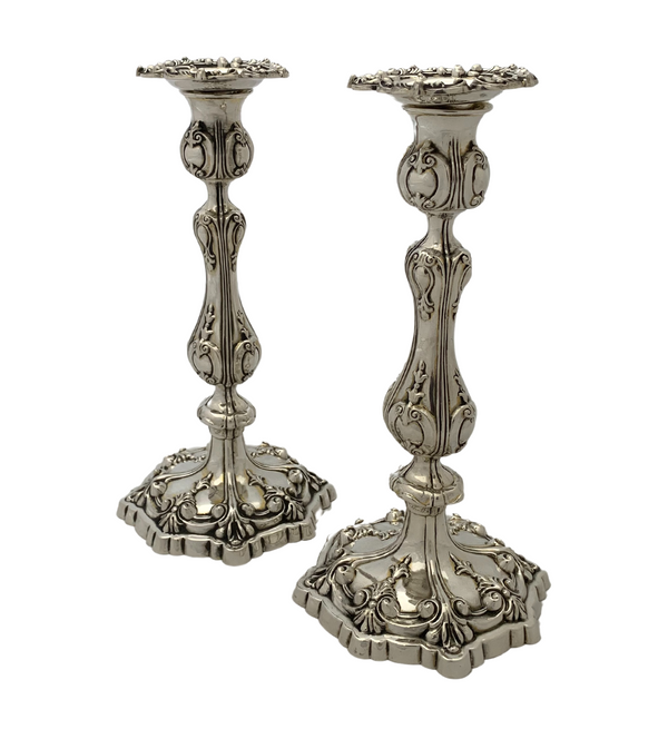 ANTIQUE SPAULDING & CO 925 STERLING SILVER & CEMENT FILLED ORNATE CANDLESTICKS