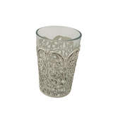 925 STERLING SILVER & GLASS INSERT HANDMADE FLUTED OPEN LACE ORNATE CUP & TRAY