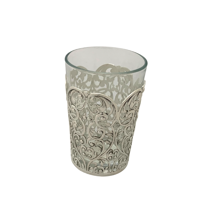 925 STERLING SILVER & GLASS INSERT HANDMADE FLUTED OPEN LACE ORNATE CUP & TRAY