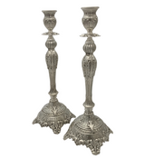 925 STERLING SILVER HANDMADE LEAF APPLIQUE CHASED SWIRL MATTE SHINY CANDLESTICKS