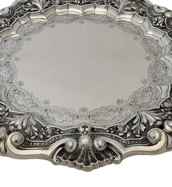 ANTIQUE PORTUGUESE SILVER HANDMADE SCALLOPED ROSE & SHELL EMBOSSED ROUND TRAY