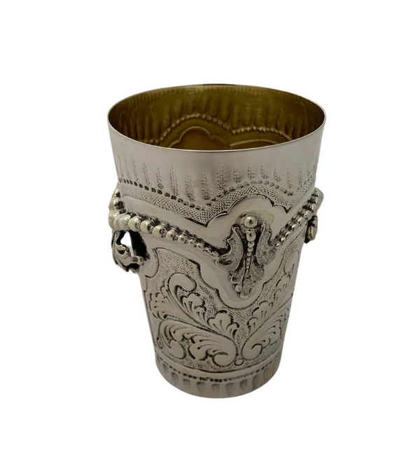 FINE ITALY 925 STERLING SILVER HANDMADE CHASED LEAF APPLIQUE ORNATE CUP & TRAY