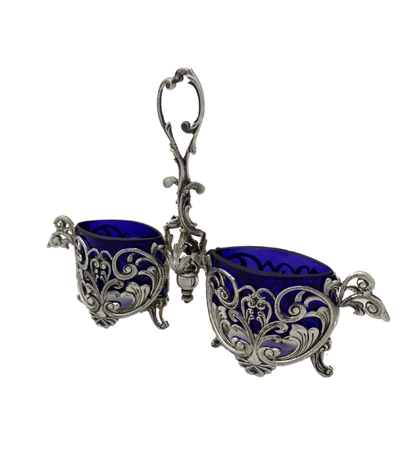 FINE 925 STERLING SILVER & GLASS HANDMADE LEAF SWIRL ORNATE DOUBLE SALT HOLDER