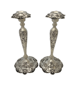 ANTIQUE SHREVE & CO 925 STERLING SILVER HANDMADE REPOUSSE SHINY CANDLESTICKS