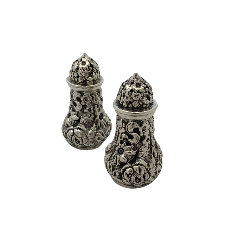 STIEFF 925 STERLING SILVER HANDMADE FULL CHASED REPOUSSE SALT & PEPPER SHAKERS