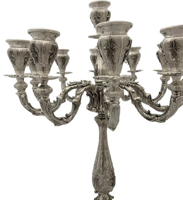 925 STERLING SILVER HANDMADE CHASED LEAF APPLIQUE ORNATE 11 LIGHT CANDELABRA