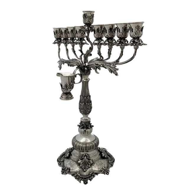 FINE ITALIAN 925 STERLING SILVER HANDMADE ORNATE CHASED LEAF APPLIQUE MENORAH