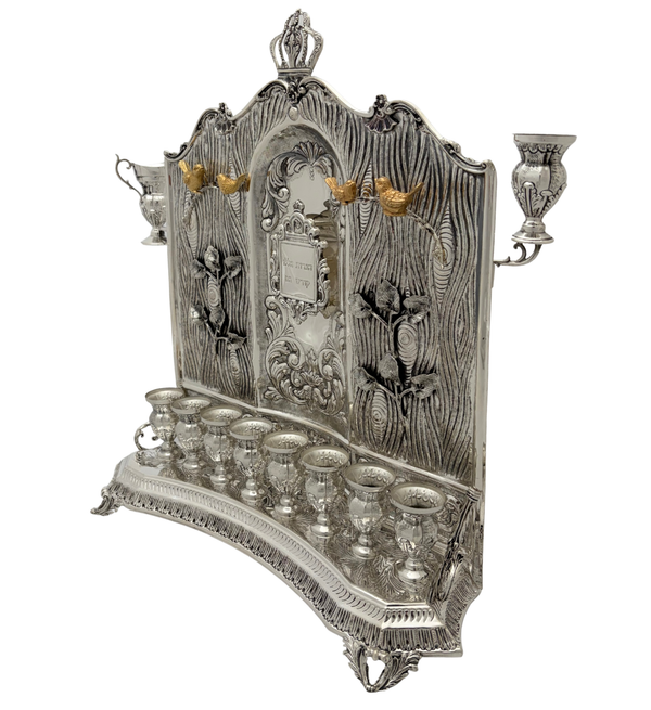FINE 925 STERLING SILVER & GILDED HANDMADE MULTI BIRD LEAF TREE BACKWALL MENORAH