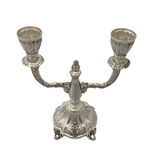 FINE 925 STERLING SILVER HANDMADE LEAF APPLIQUE CHASED ORNATE 2 LIGHT CANDELABRA