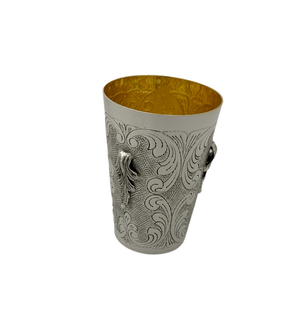 FINE 925 STERLING SILVER HANDMADE LEAF APPLIQUE CHASED MATTE & SHINY CUP & TRAY