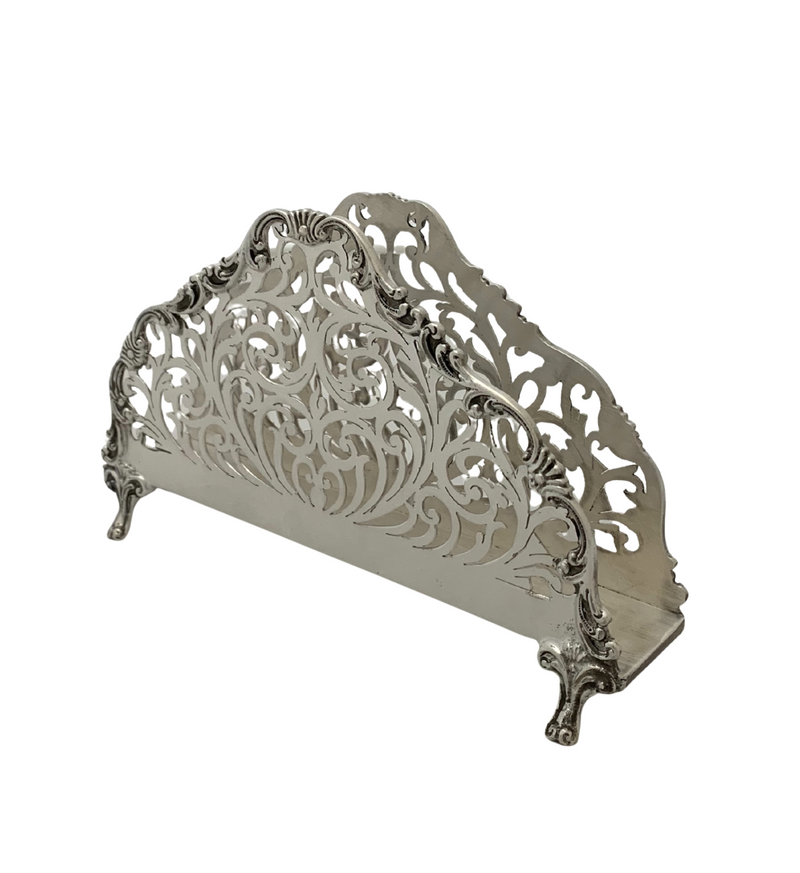 FINE 925 STERLING SILVER HANDMADE CUT OUT CHASED LEAF SWIRL ORNATE NAPKIN HOLDER