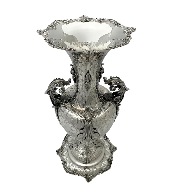 LARGE ITALY 925 STERLING SILVER HANDMADE LEAF APPLIQUE FLOWER VASE W HANDLES