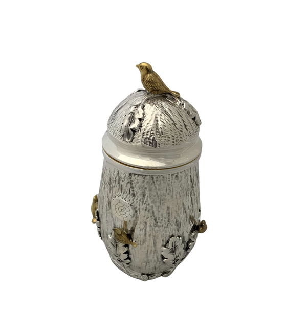 925 STERLING SILVER & GILDED HANDMADE MULTI BIRD & LEAF APPLIQUE TREE CUP & TRAY