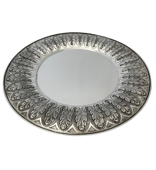 FINE ITALIAN 925 STERLING SILVER HANDMADE LEAF APPLIQUE MATTE & SHINY ROUND TRAY