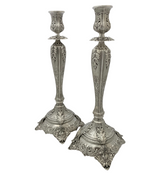 FINE TALL 925 STERLING SILVER HANDMADE LEAF APPLIQUE CHASED ORNATE CANDLESTICKS