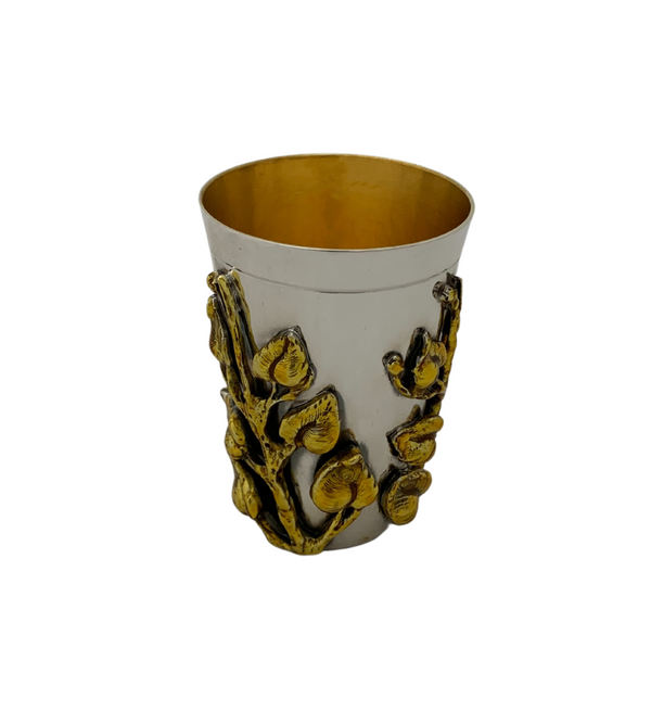 ITALIAN 925 STERLING SILVER & GOLD ENAMEL HANDMADE 3D LEAF APPLIQUE CUP & TRAY