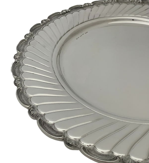 LARGE ITALIAN 925 STERLING SILVER HANDMADE FLUTED ORNATE FLORAL ROUND TRAY