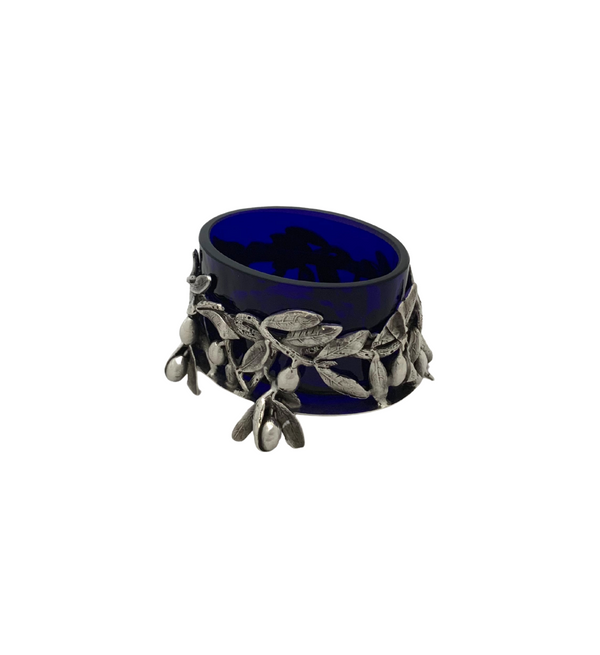 ITALIAN 925 STERLING SILVER & BLUE GLASS HANDMADE OLIVE LEAF SINGLE SALT HOLDER