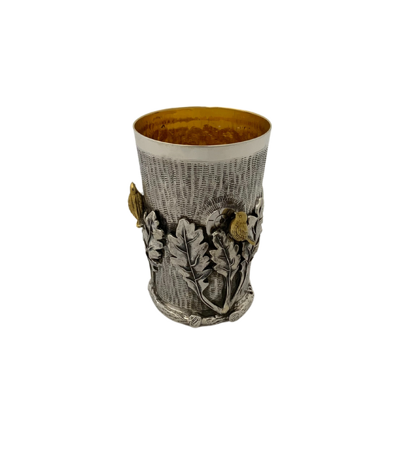 925 STERLING SILVER & GILDED HANDMADE MULTI BIRD & LEAF APPLIQUE TREE CUP & TRAY